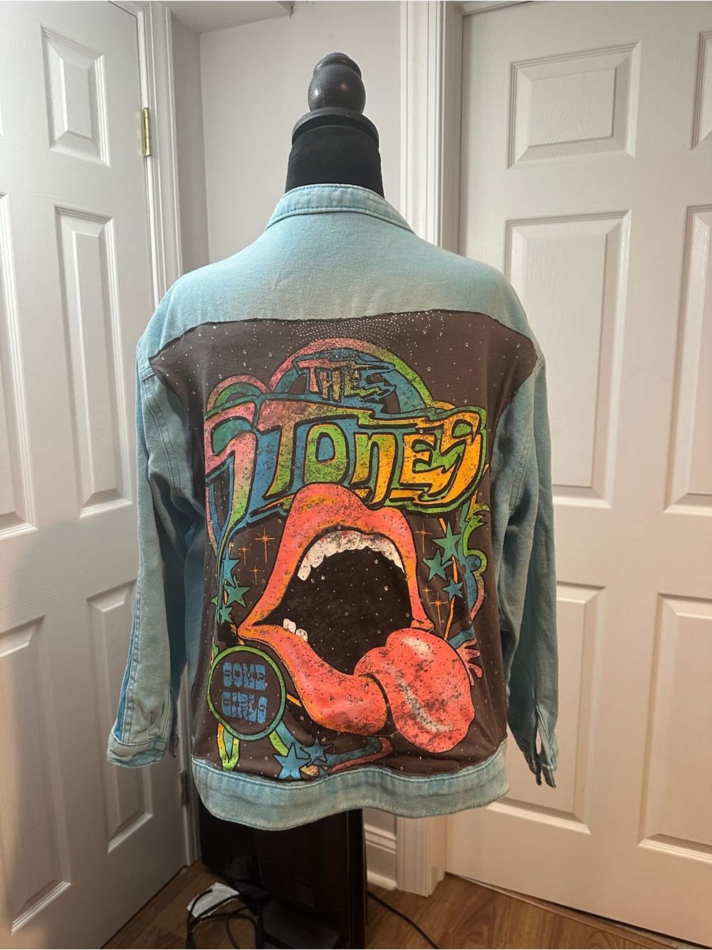 Rolling Stones Rhinestone Blue Denim Jean Jacket with embroidered Cherry